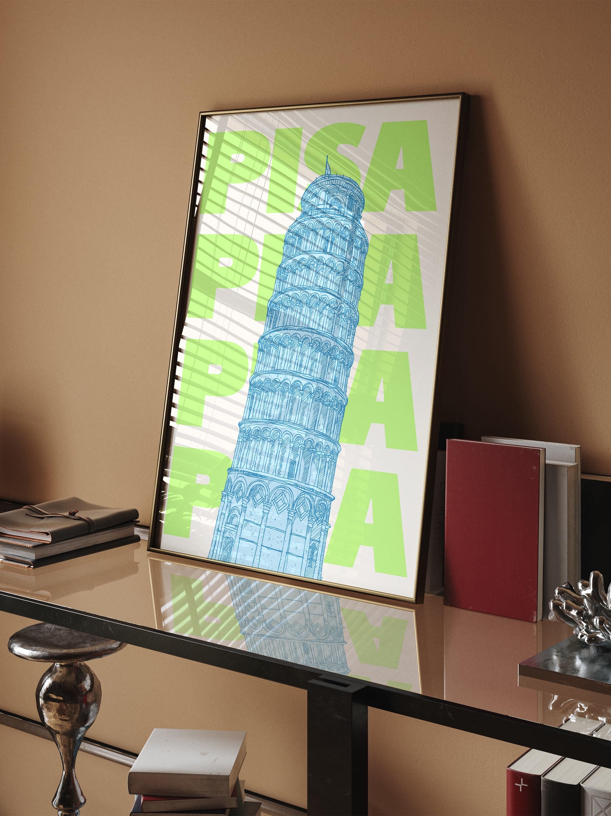 Modern wall art poster featuring the Leaning Tower of Pisa