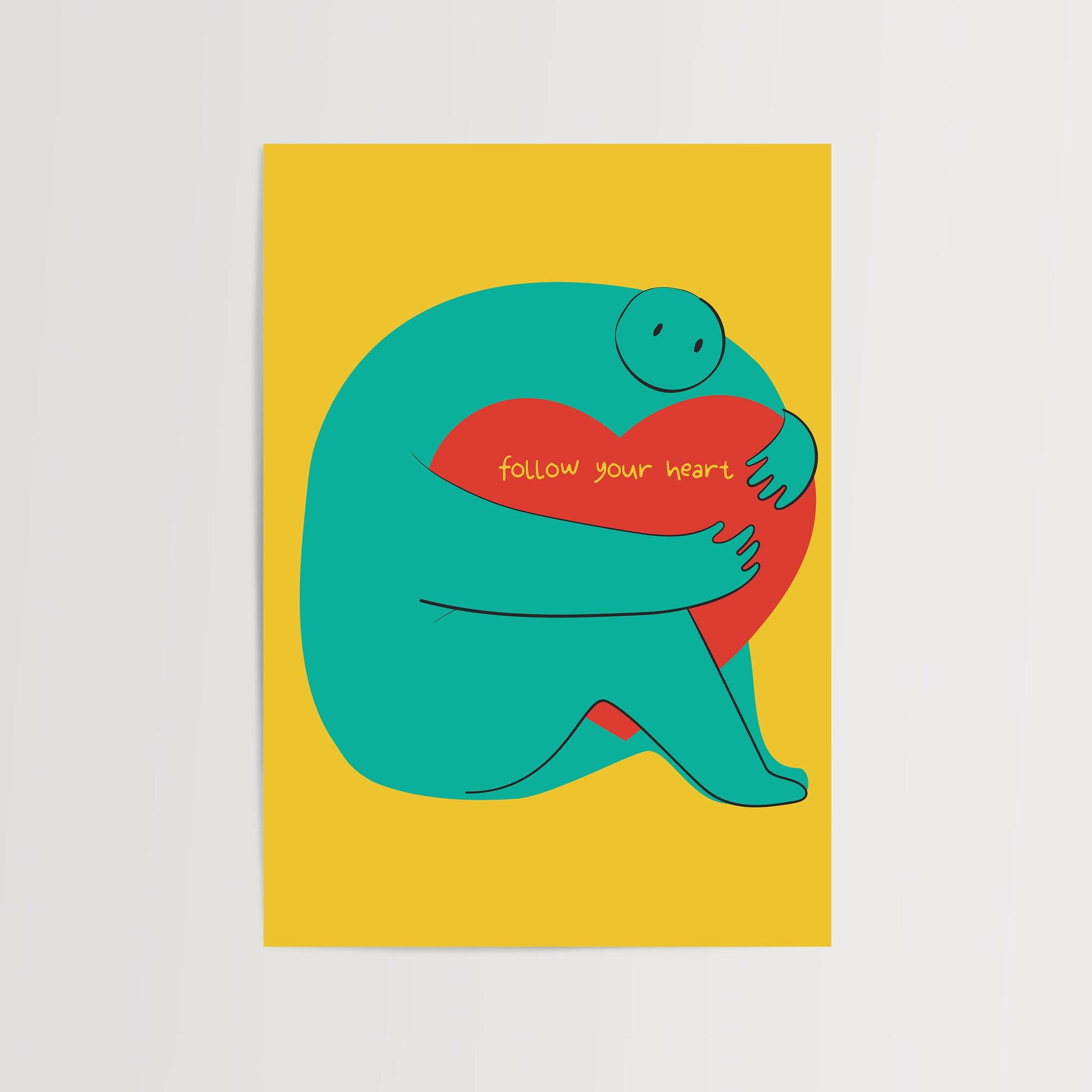 Follow Your Heart wall art poster with a teal character hugging a red heart.