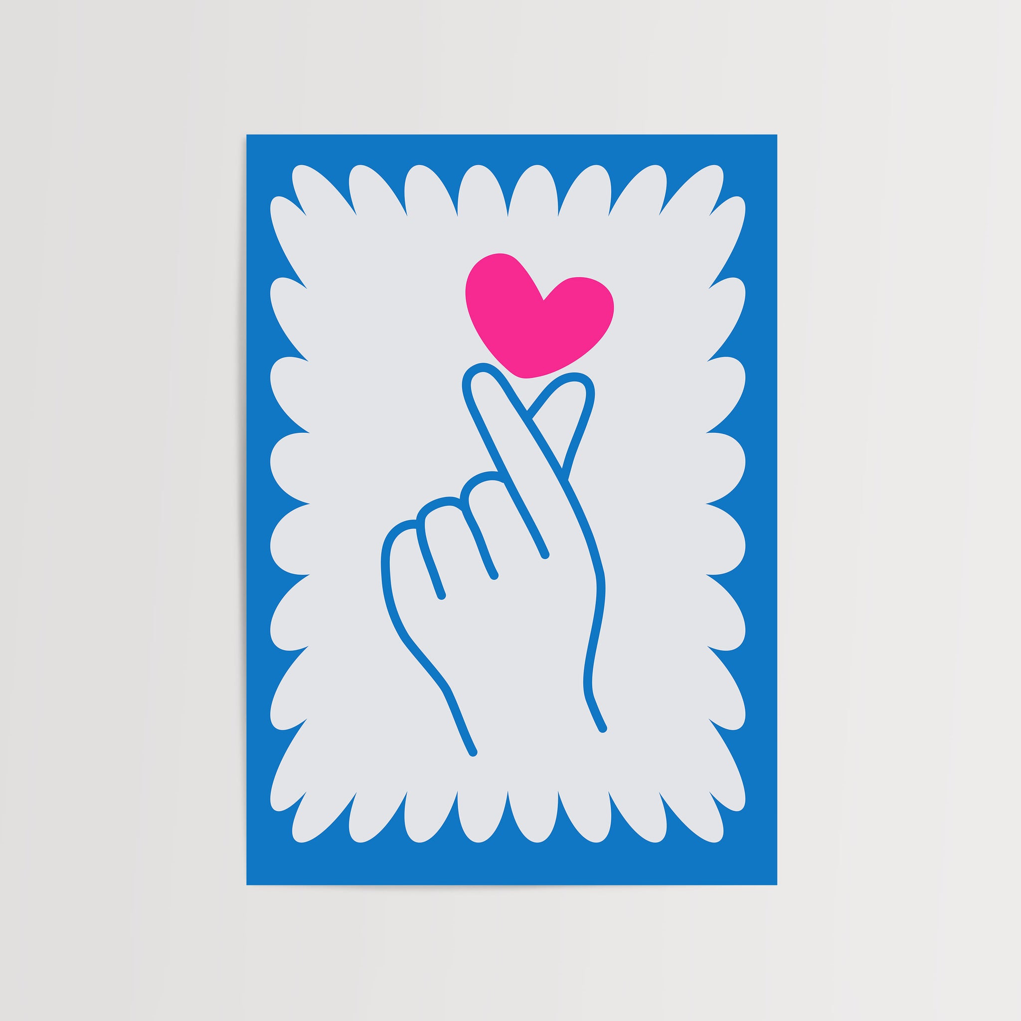 Hand heart gesture poster with pink heart on blue background