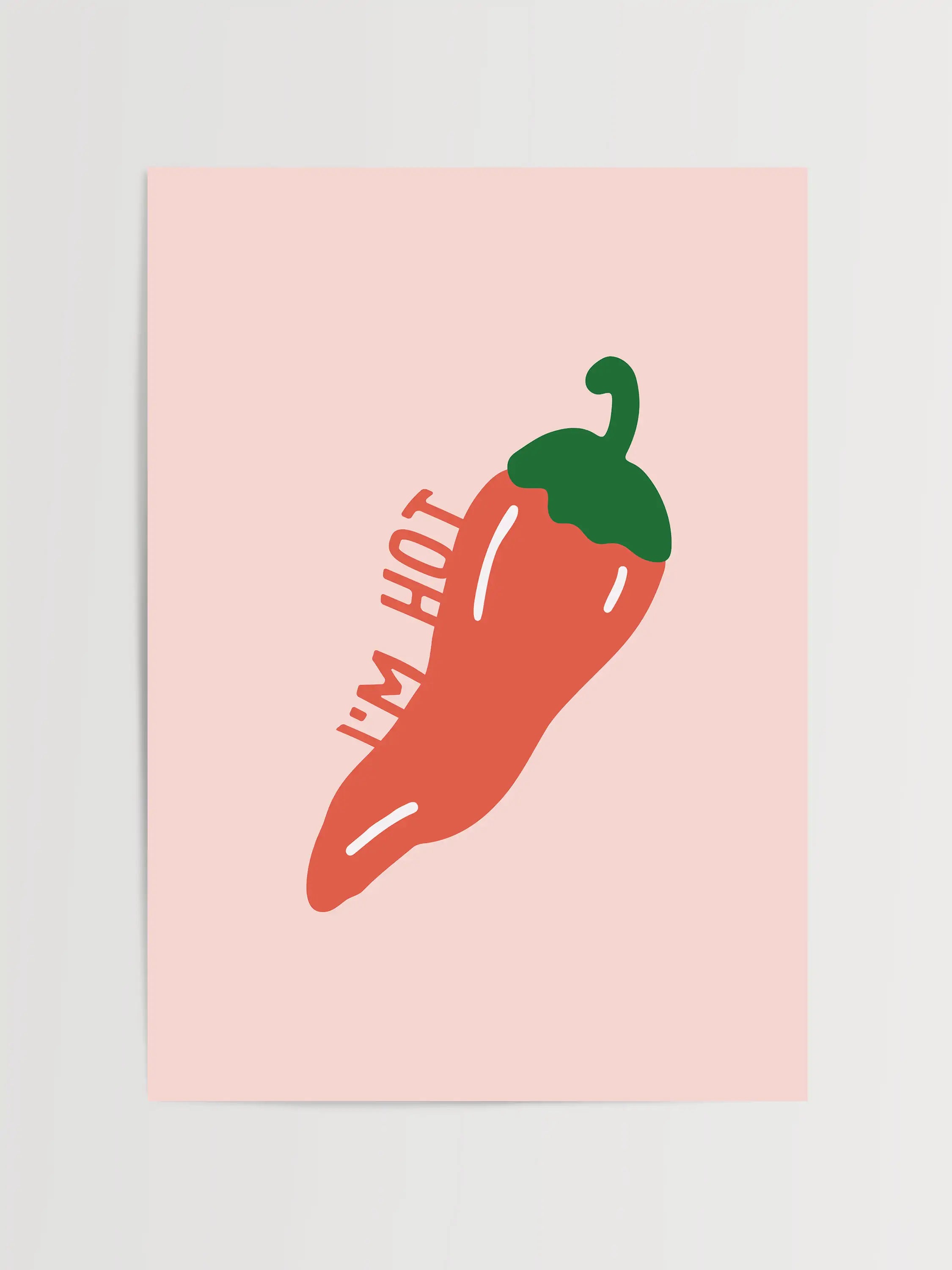 A minimalist red chili pepper illustration with "I’m Hot" text on a pastel pink background.