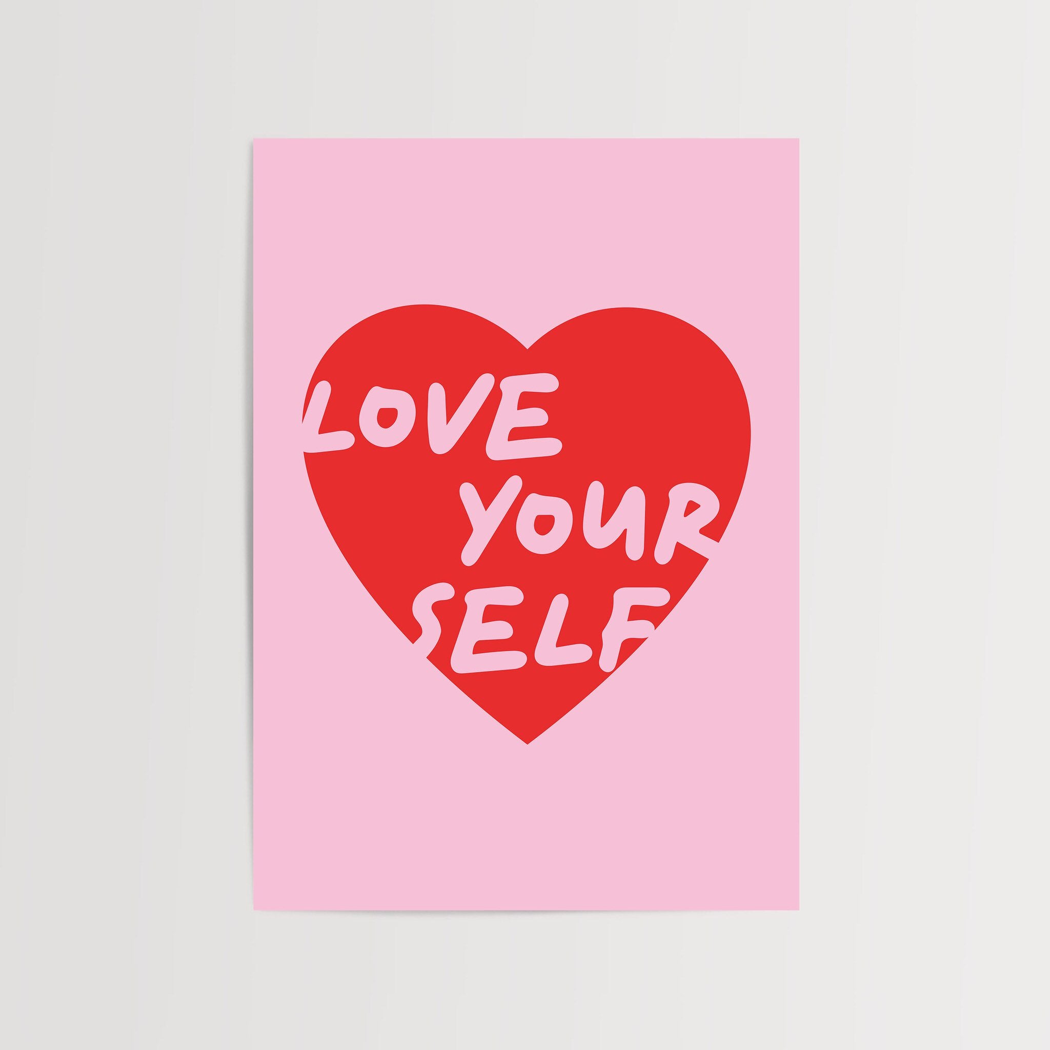 Love Yourself heart wall art poster in bold red and pink colors.