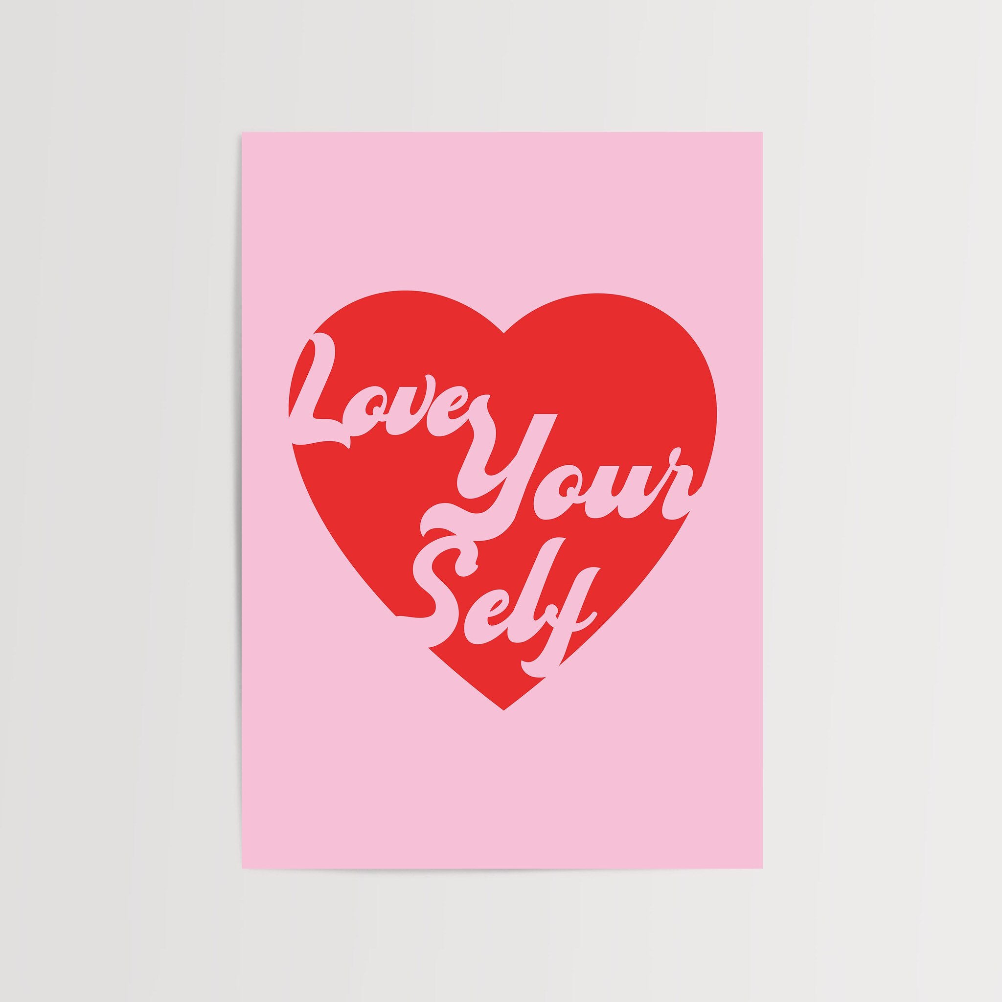 Love Yourself heart wall art poster in bold red and pink colors.
