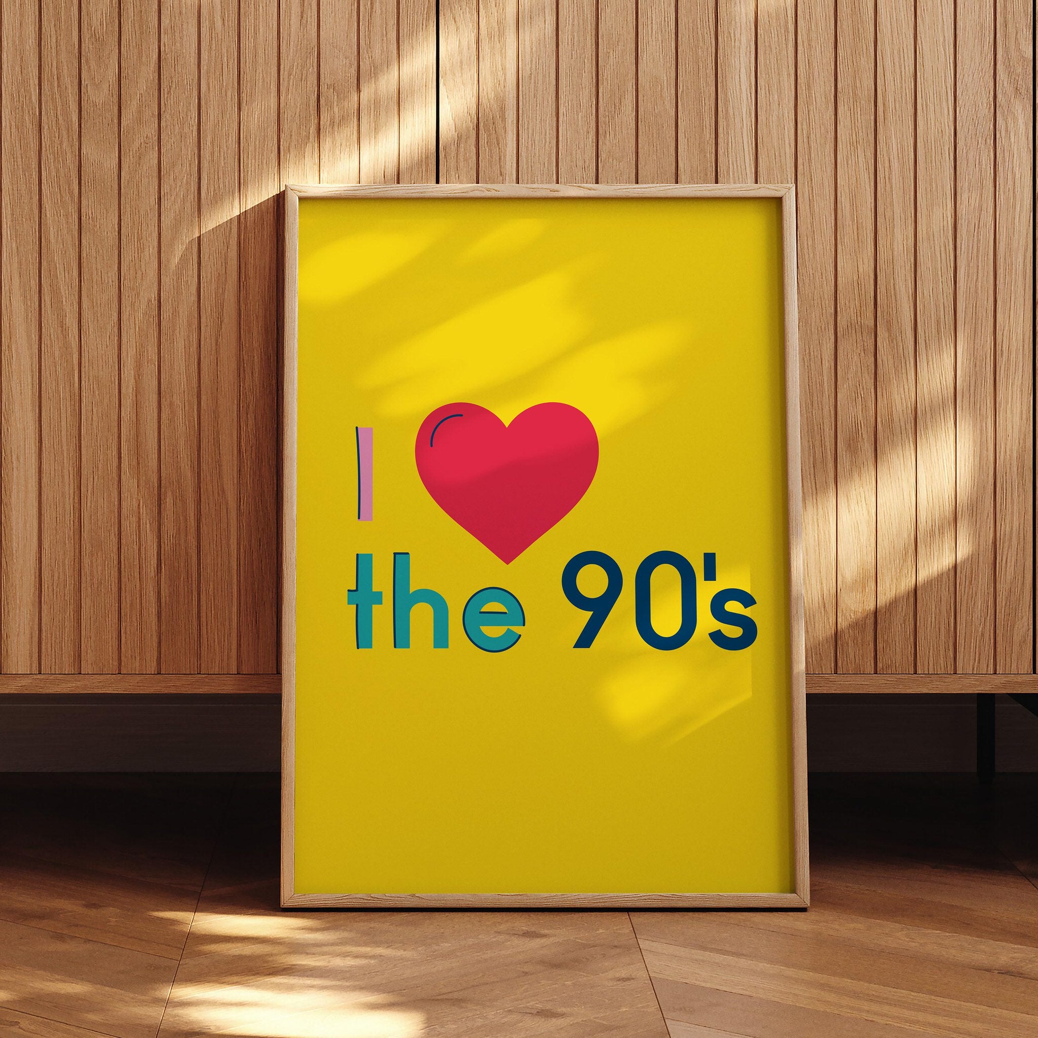 Bright yellow and red retro 90's poster for bedroom or dorm decor.